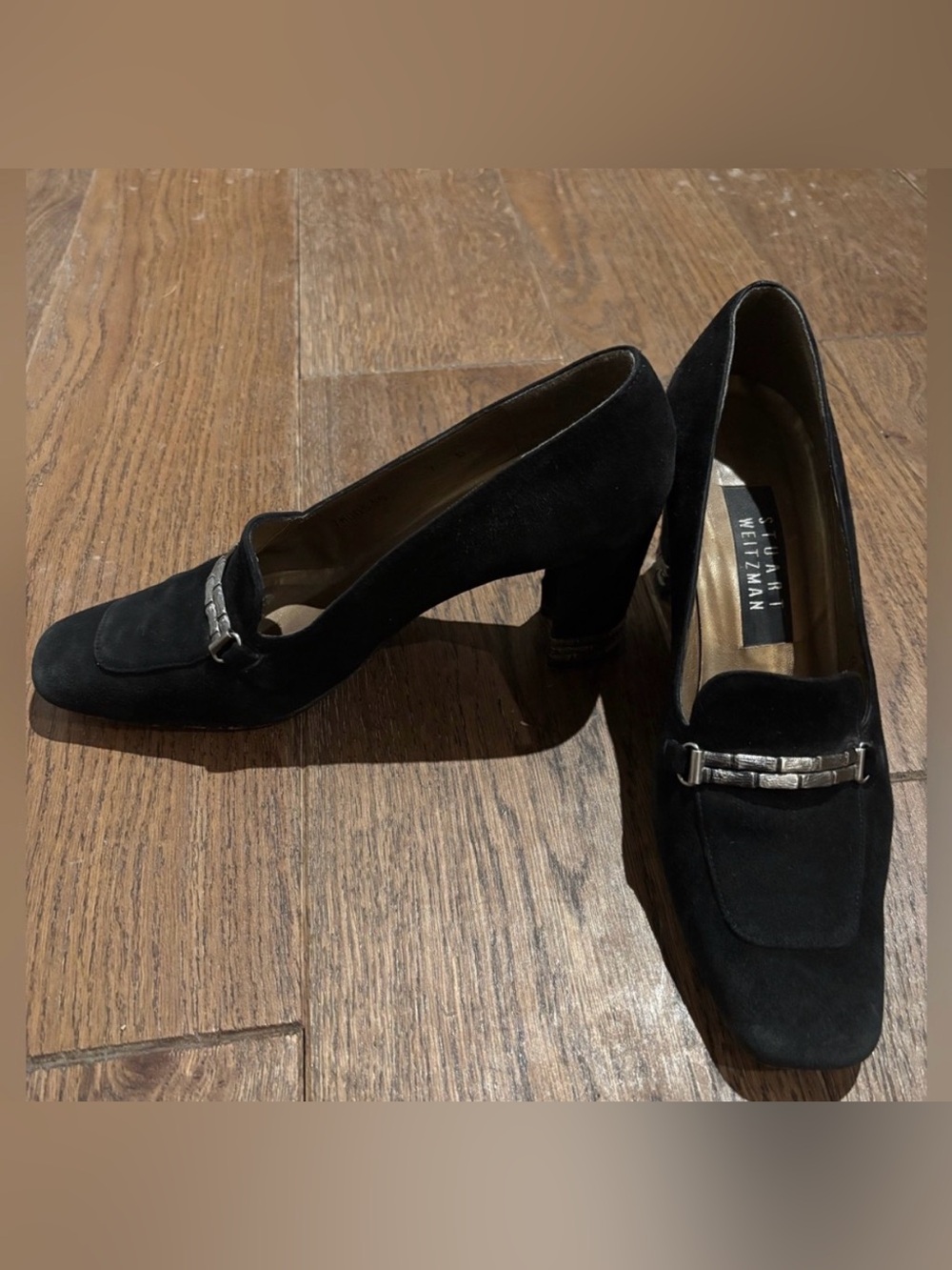 Stuart Weitzman Black Suede Block 3” Heel Loafers with Silver Accent Size 7